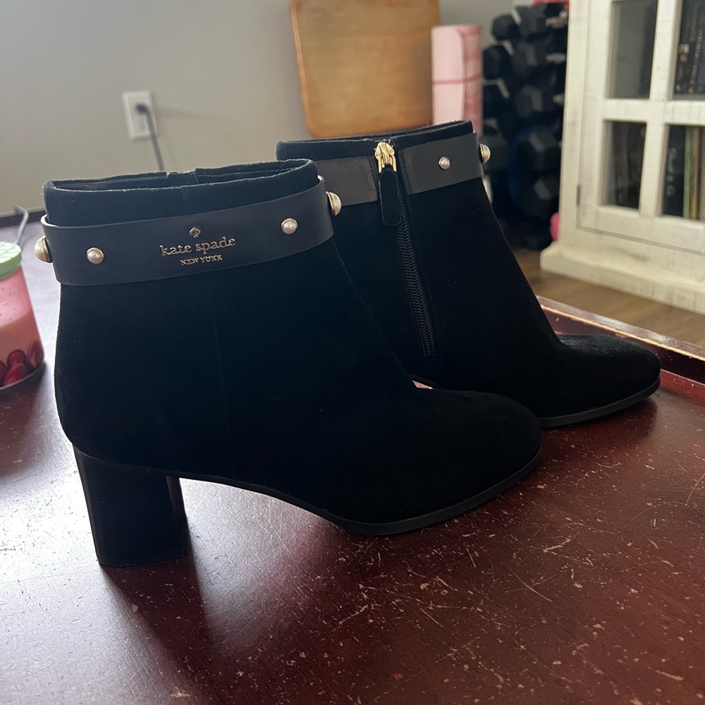 kate spade Black Suede Ankle Booties with Gold Accent